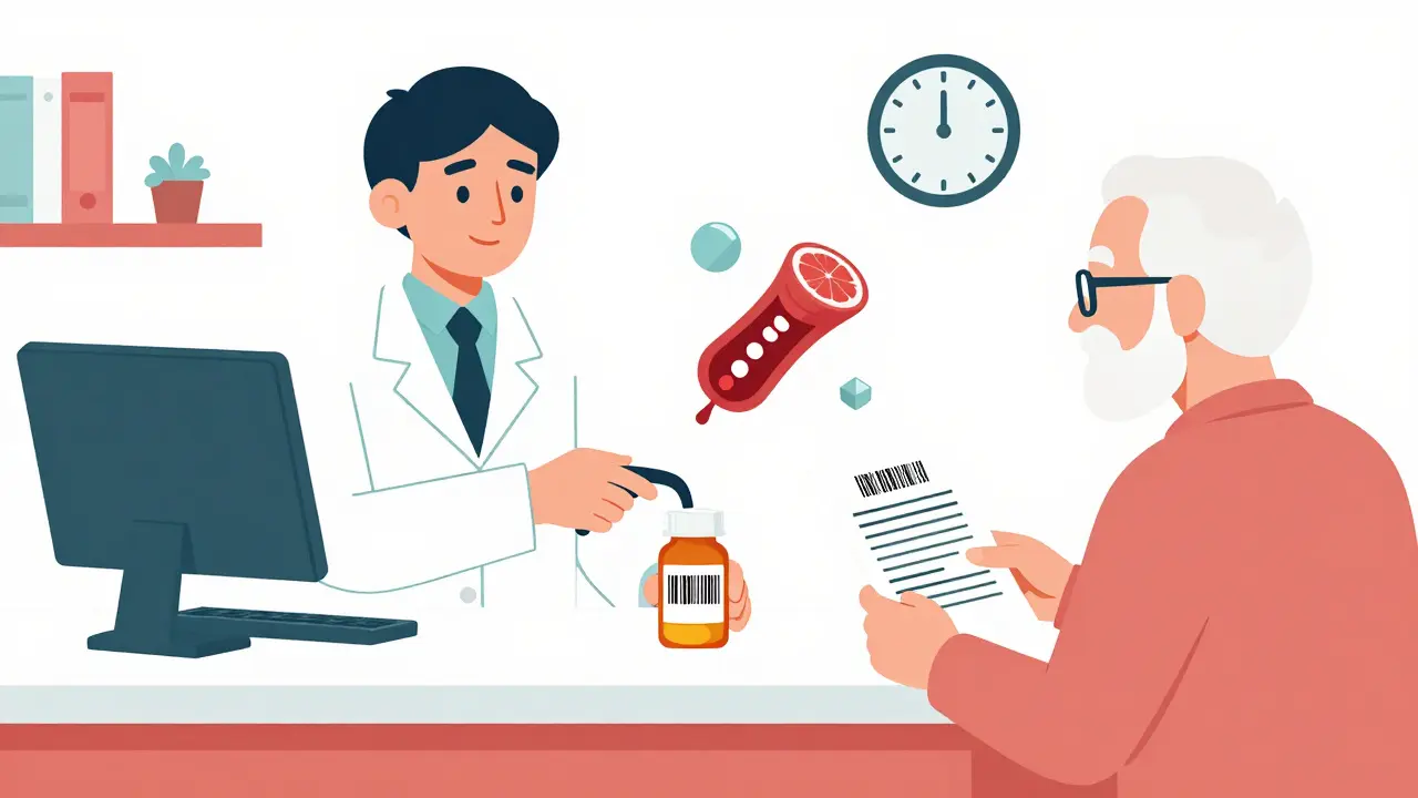 Pharmacist scanning medication barcode while senior patient presents drug list