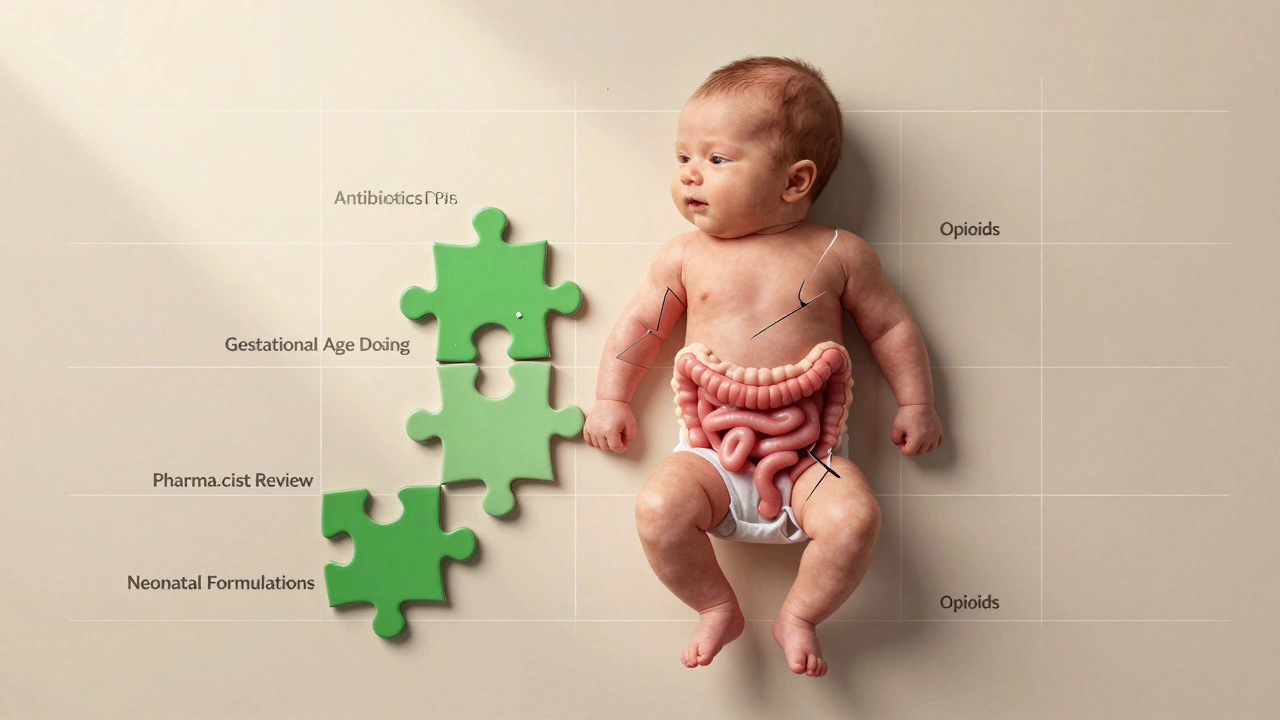 Preterm infant&#039;s body as a puzzle with missing harmful medication pieces replaced by safe dosing solutions.