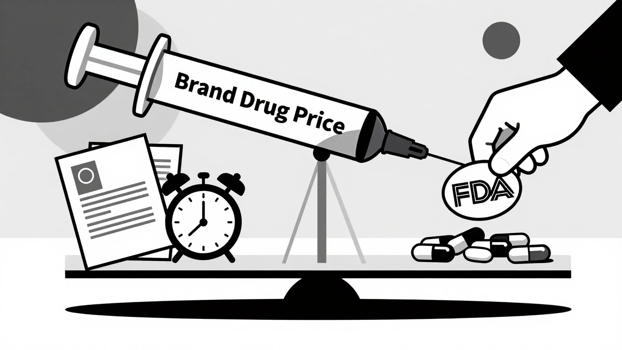 Scale balancing expensive brand drug against affordable generics with legal documents
