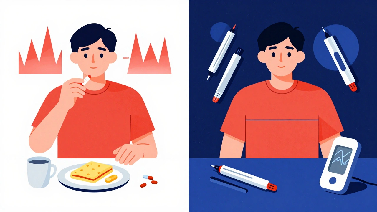 Split-day illustration showing steroid-induced glucose spikes at breakfast and lunch, with insulin tools nearby.