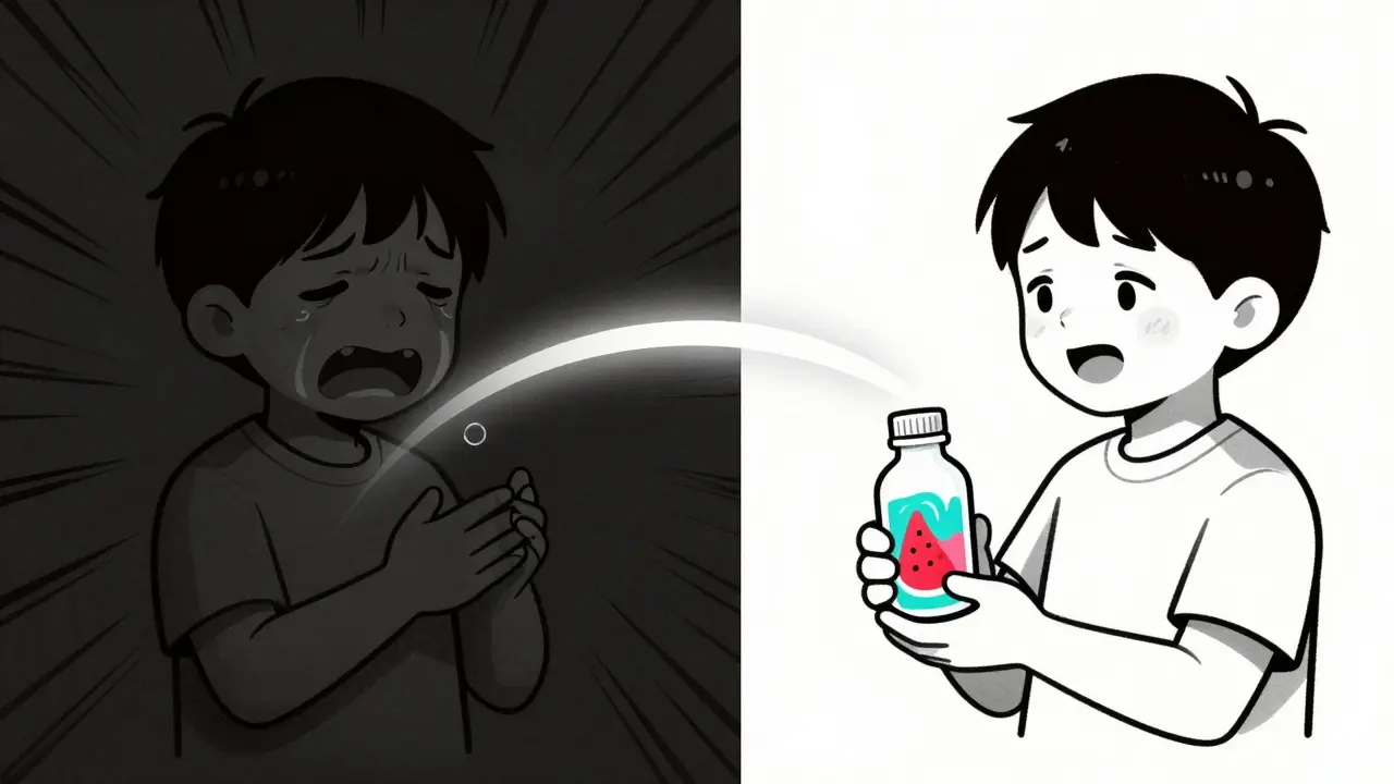Split illustration: child rejecting bitter medicine vs. smiling with flavored medicine.