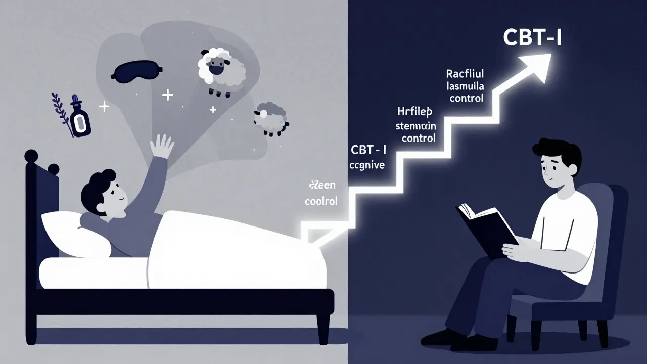 Split scene: ineffective sleep habits fading on left, CBT-I recovery path glowing on right in abstract Bauhaus design.