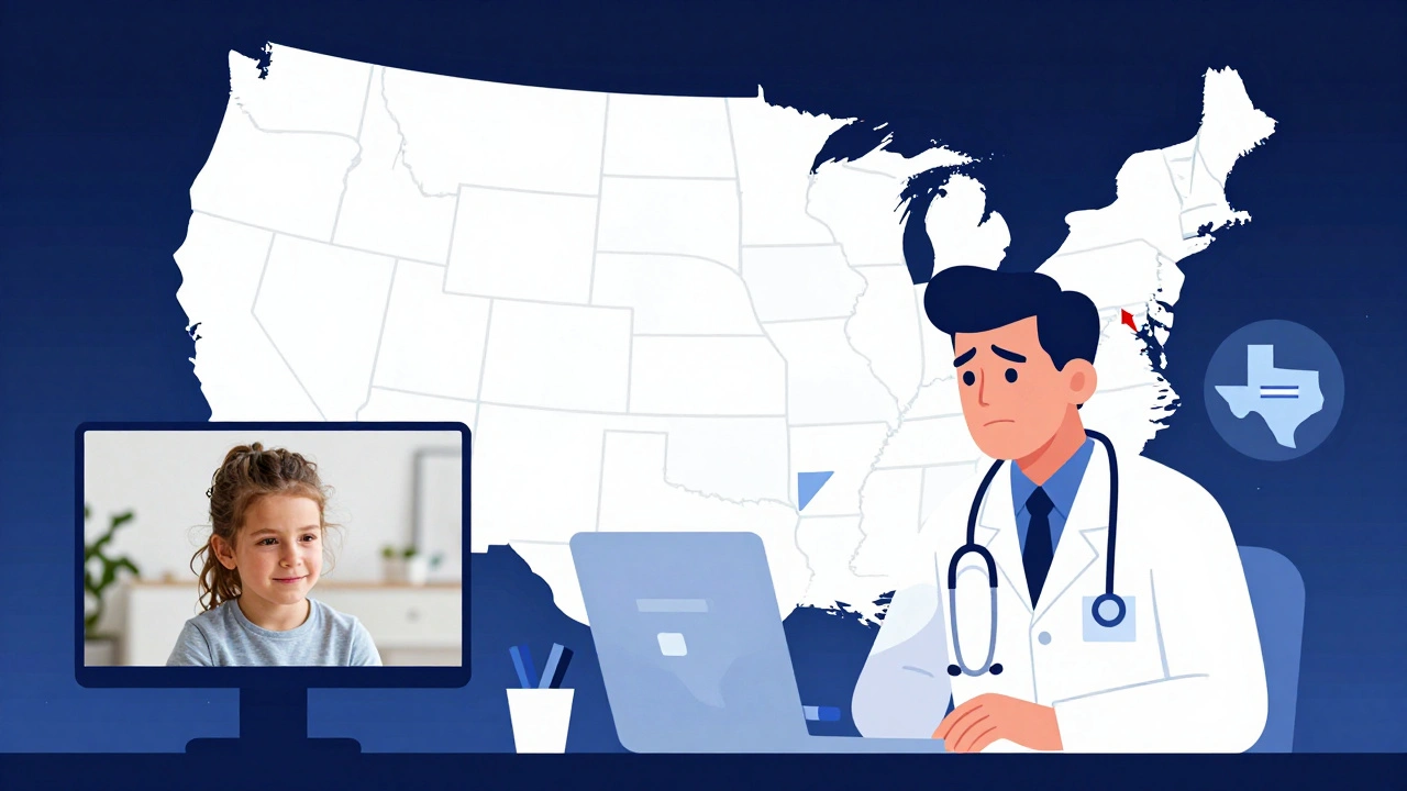 Telehealth doctor on video call with child in Texas, U.S. map showing state reporting boundaries behind them.