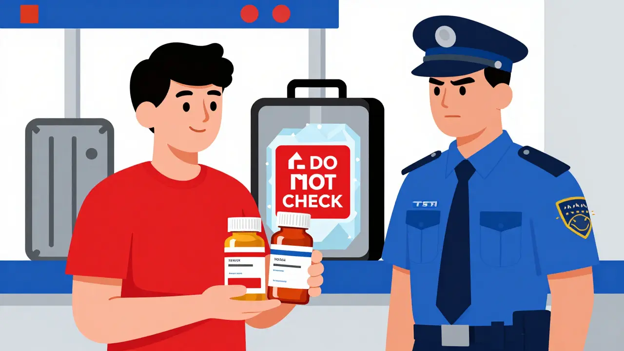 TSA checkpoint with original medication bottles and a 'DO NOT CHECK' suitcase in bold Bauhaus design