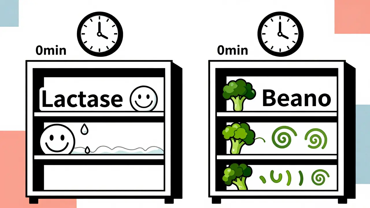 Two pharmacy shelves showing lactase and Beano enzymes breaking down dairy and beans with geometric precision.
