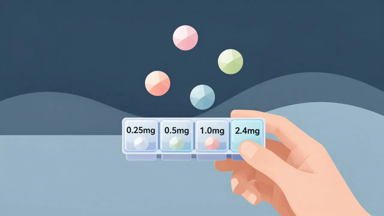 Weekly pill organizer with graduated doses floating above rising hills symbolizing tolerance.