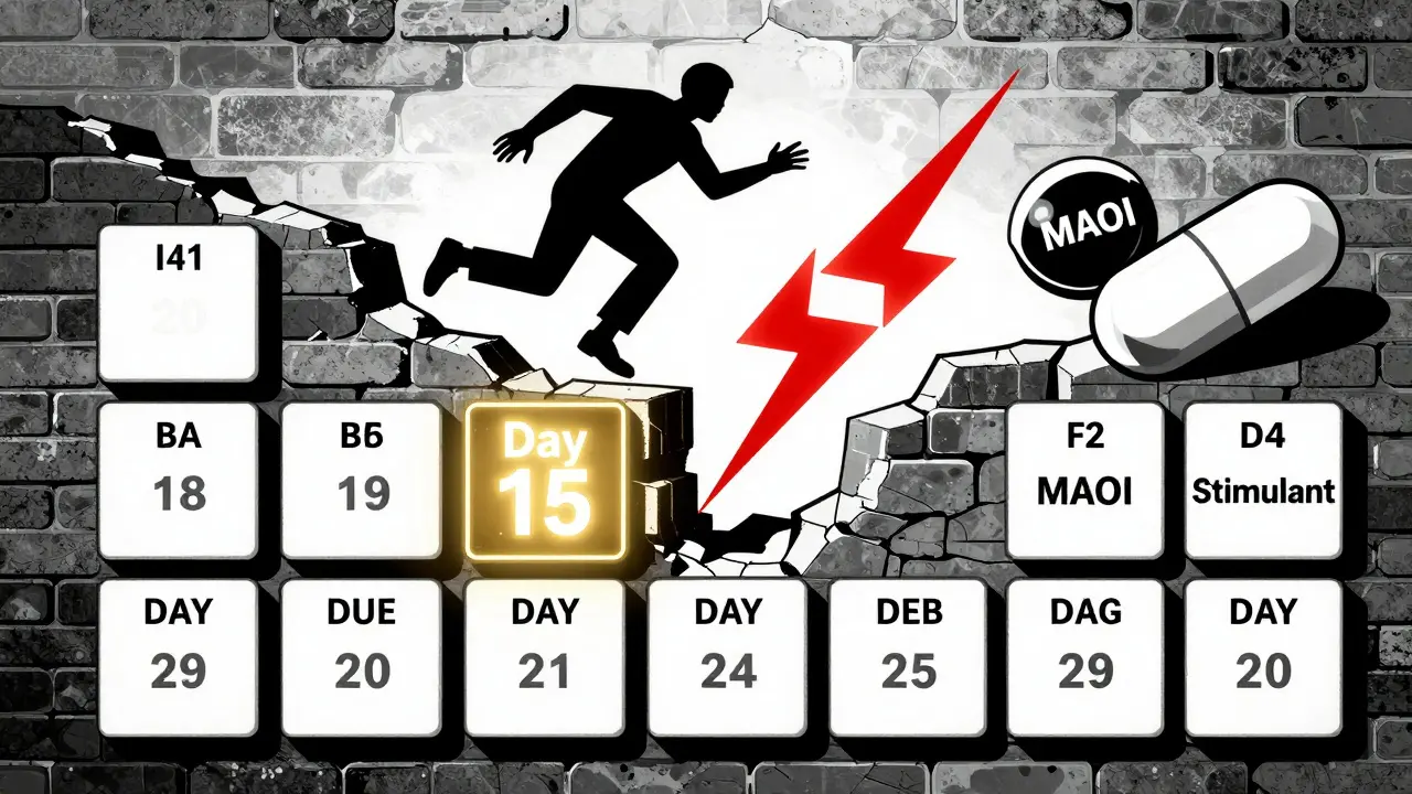 A 14-day calendar wall crumbling, with a safe path emerging after the washout period.