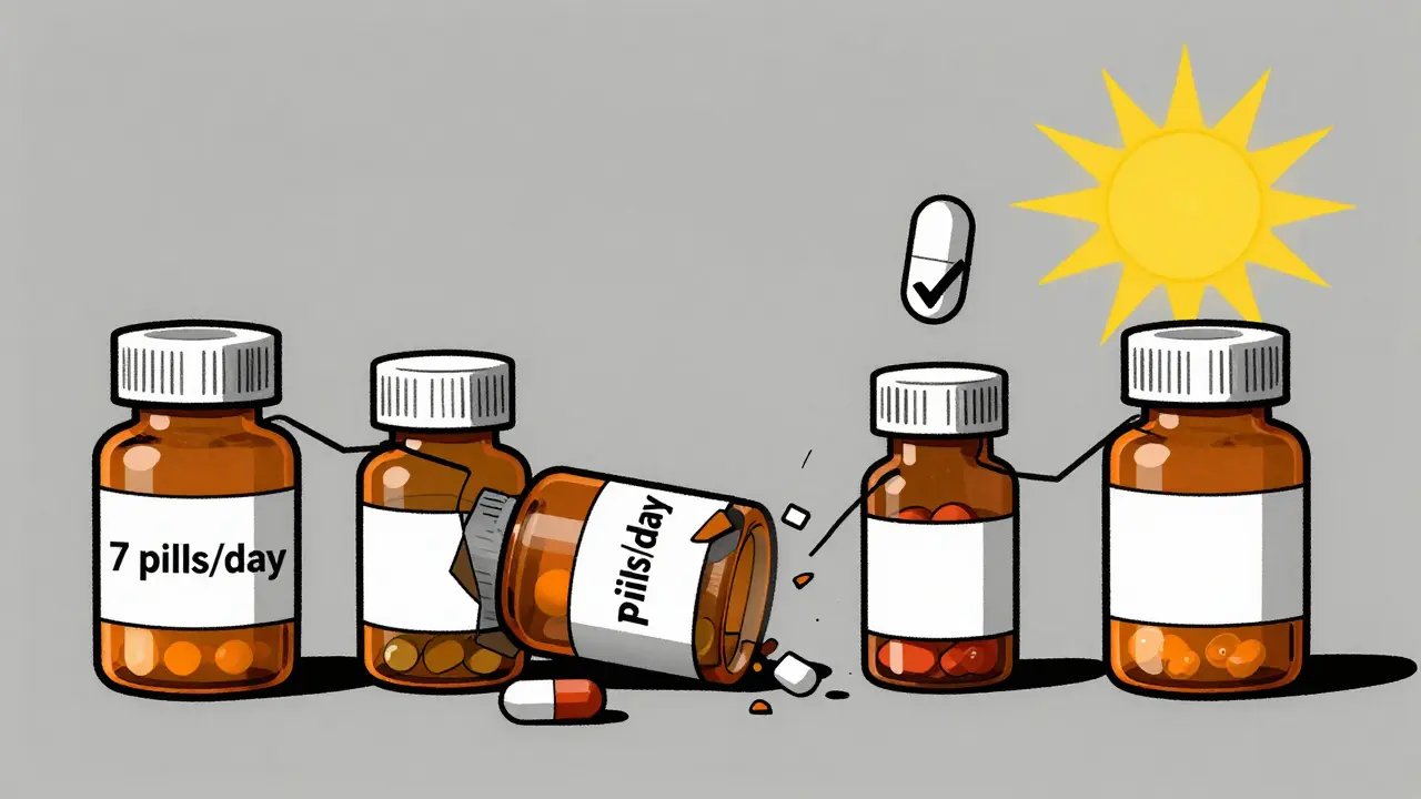 A chain of pill bottles breaking under complexity, while one simplified pill rises toward light in Bauhaus design.