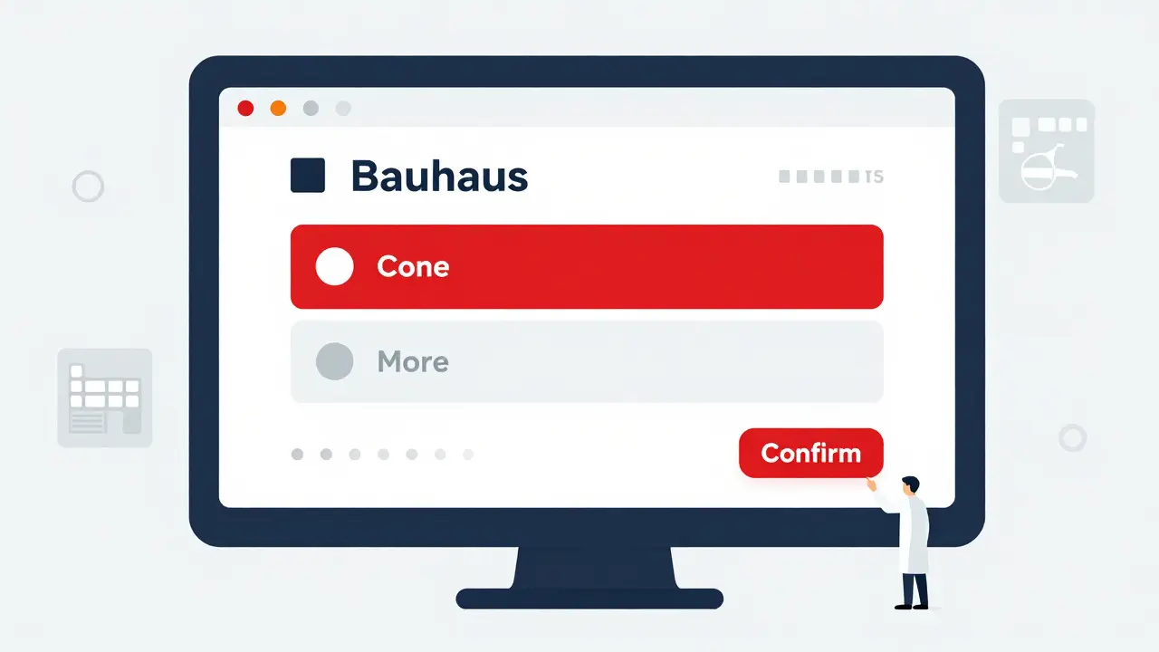 A doctor's prescription screen with a default cheaper drug highlighted, surrounded by minimalist behavioral icons.