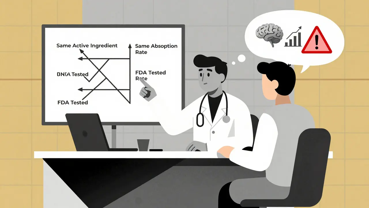 A doctor explains generic drug safety to a patient using a geometric flowchart on a modern desk.