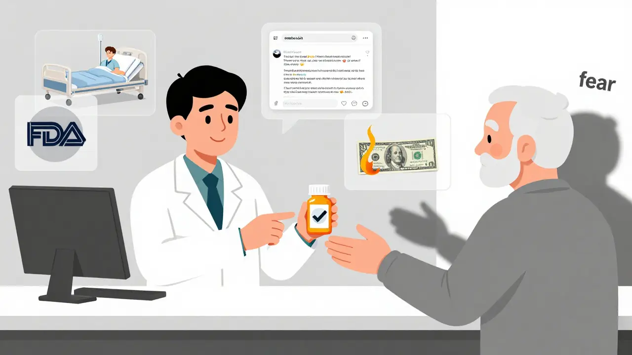 A pharmacist hands a generic pill bottle to an elderly patient, with abstract scenes of trust and doubt floating around them.