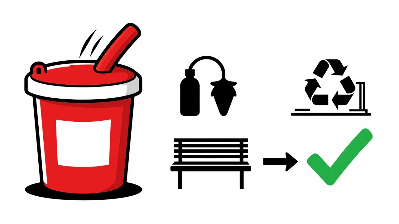 Abstract lifecycle of sharps disposal ending in recycling into park benches.