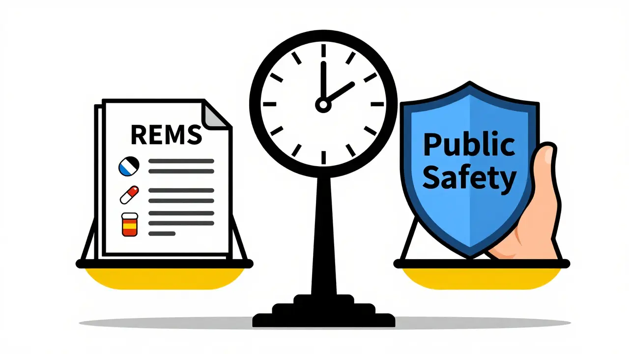 Balanced scale with REMS drug icons on one side and a safety shield on the other, against a geometric clock.