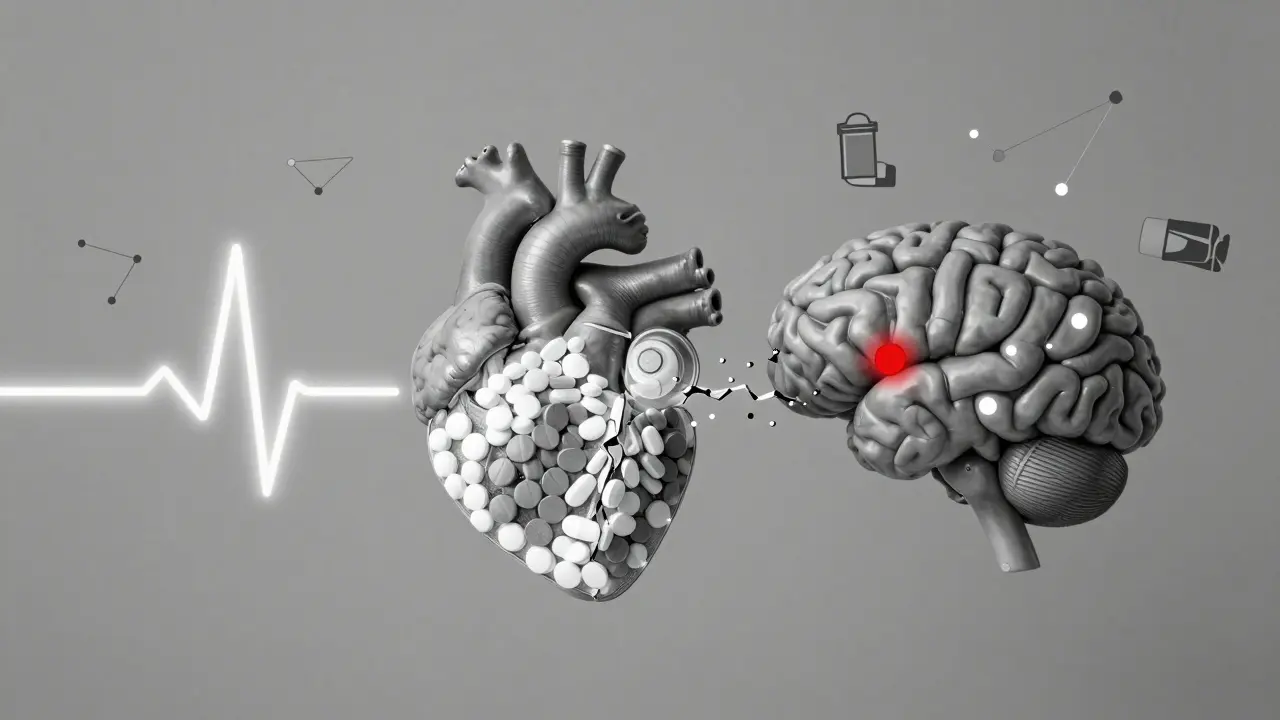 Child's heart and brain connected by a fractured line of pills, one side glowing, the other flickering dimly.