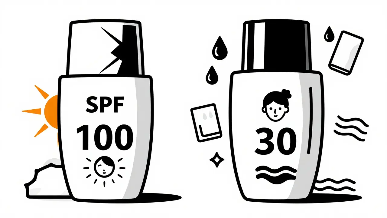 Contrasting sunscreen bottles: SPF 100 failing vs SPF 30 effective with sweat and water icons