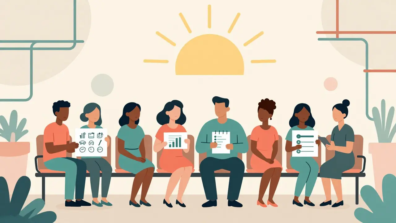 Diverse patients in a clinic holding decision aids with visual risk tools under a geometric sunburst.