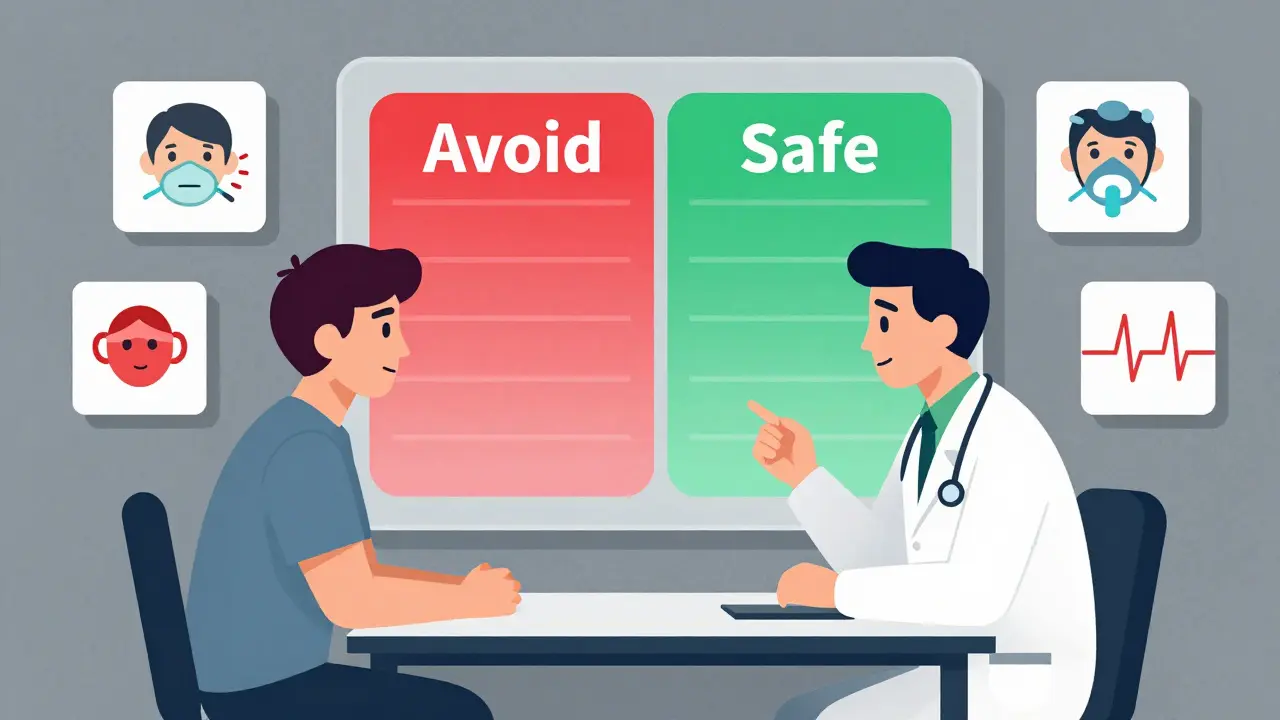 Doctor and patient reviewing medications divided into red avoid and green safe zones with geometric icons.
