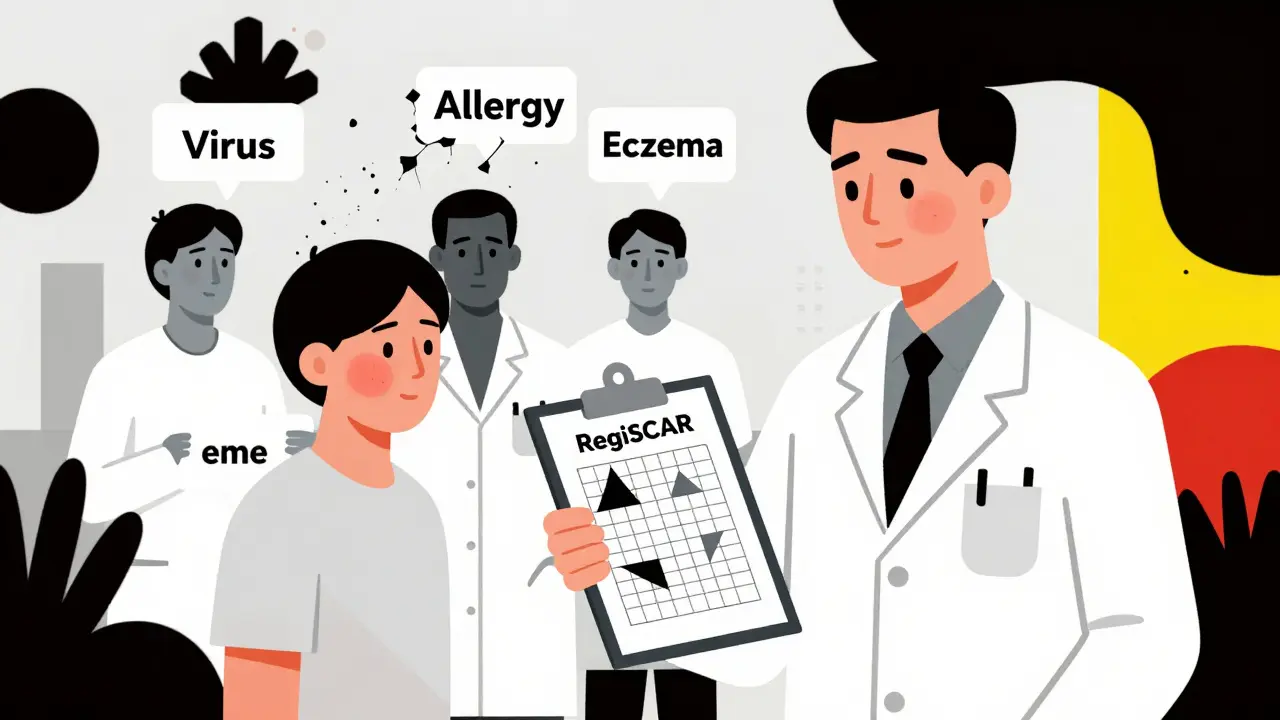 Doctor using RegiSCAR scoring system while misdiagnoses crumble away.