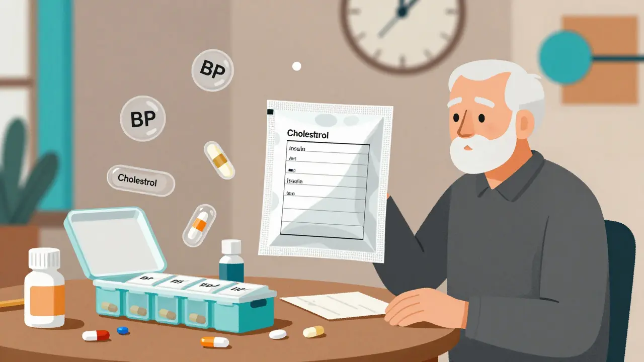 Elderly man surrounded by unlabeled pill containers with one labeled pouch in focus