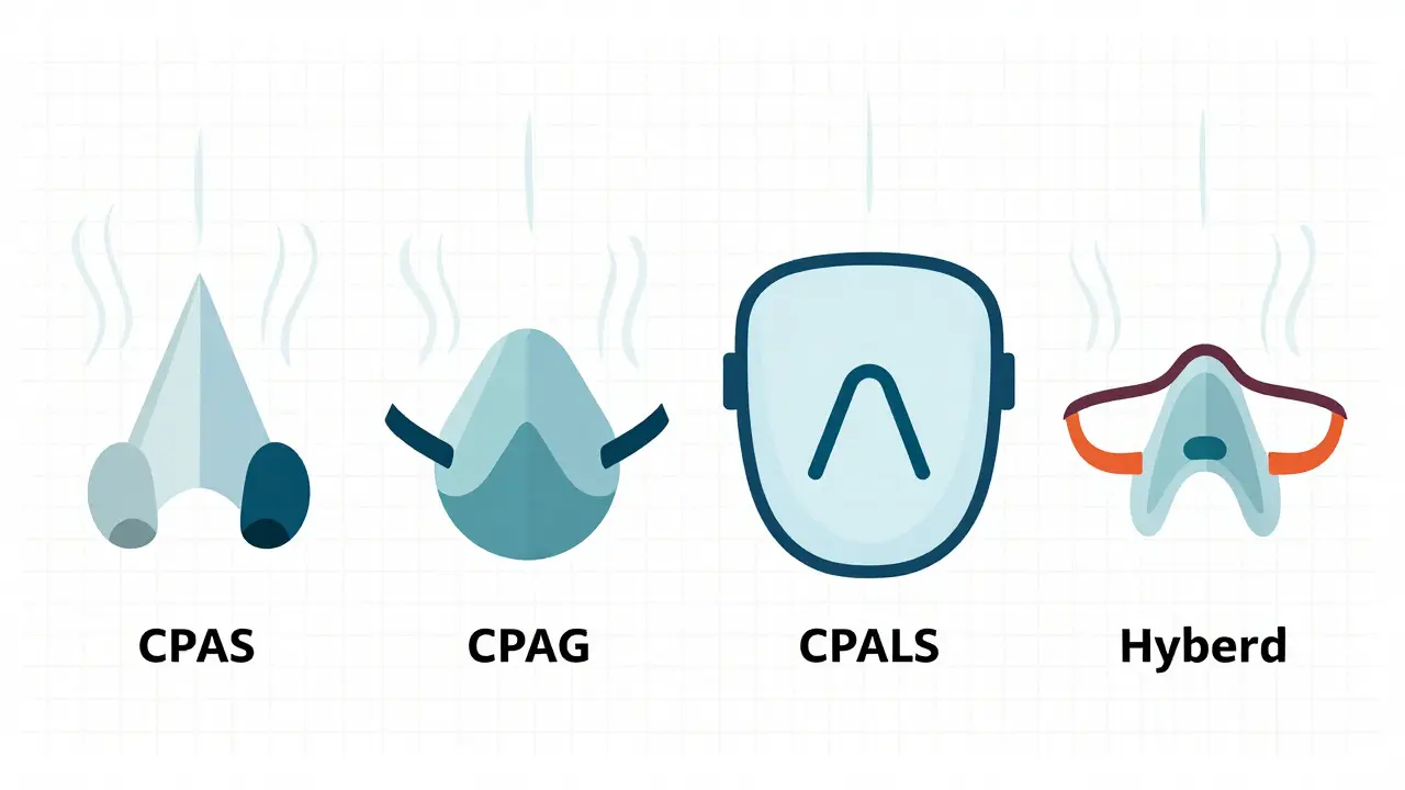 Four abstract CPAP mask types in geometric shapes, side by side on a grid background.