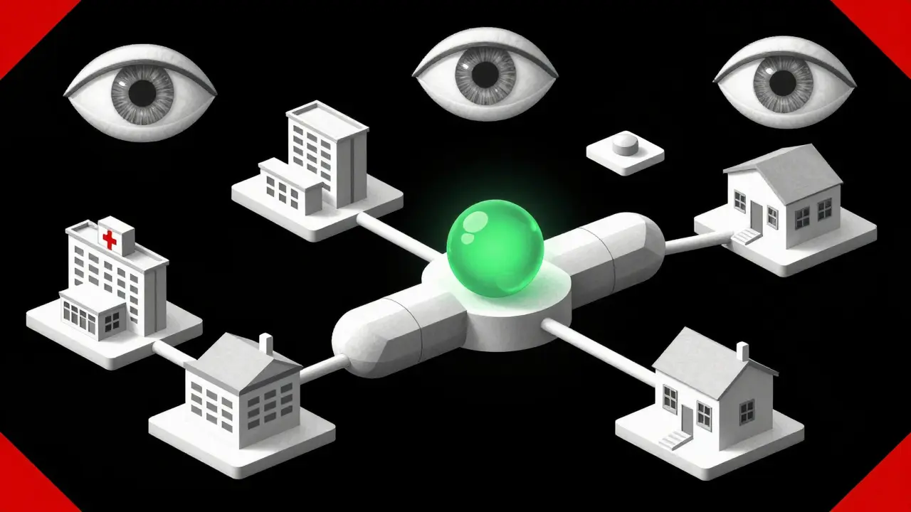 Geometric blockchain chain of pills connecting hospital, pharmacy, and home