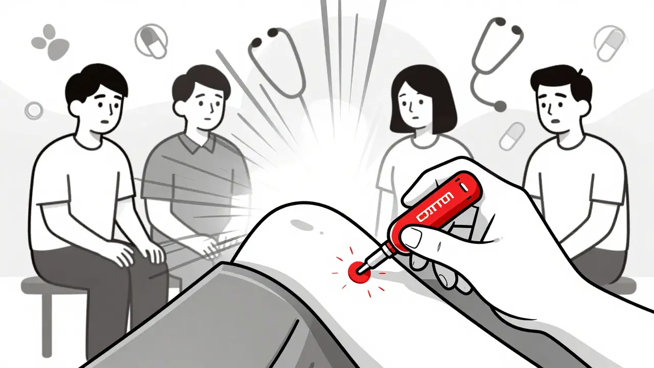 Hand injecting epinephrine through clothing, radial lines symbolize life-saving energy, red auto-injector highlighted.