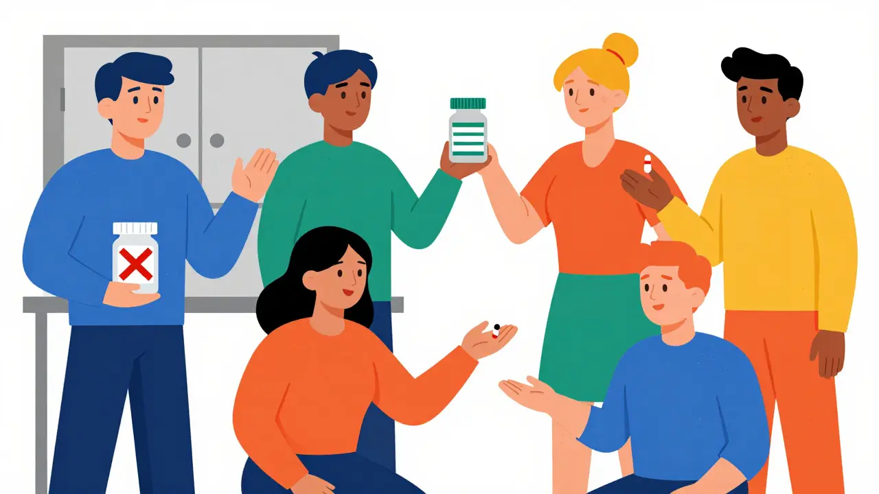 Household members with colored medication shapes, red slash over wrong pill, symbolic safety