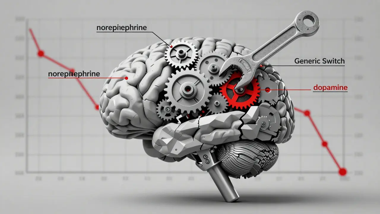 Human brain as a clockwork mechanism with a generic switch jamming the gears, causing cracks and instability.