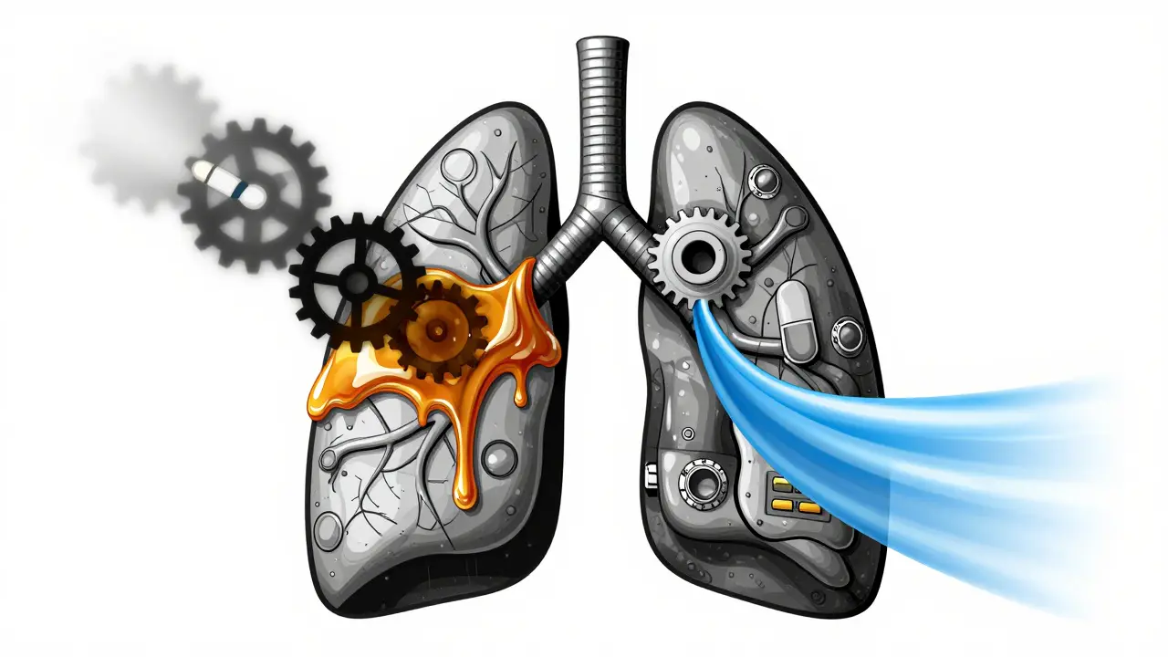 Mechanical lung with clogged airways from thick mucus, attacked by harmful drugs, while safe ones restore airflow.