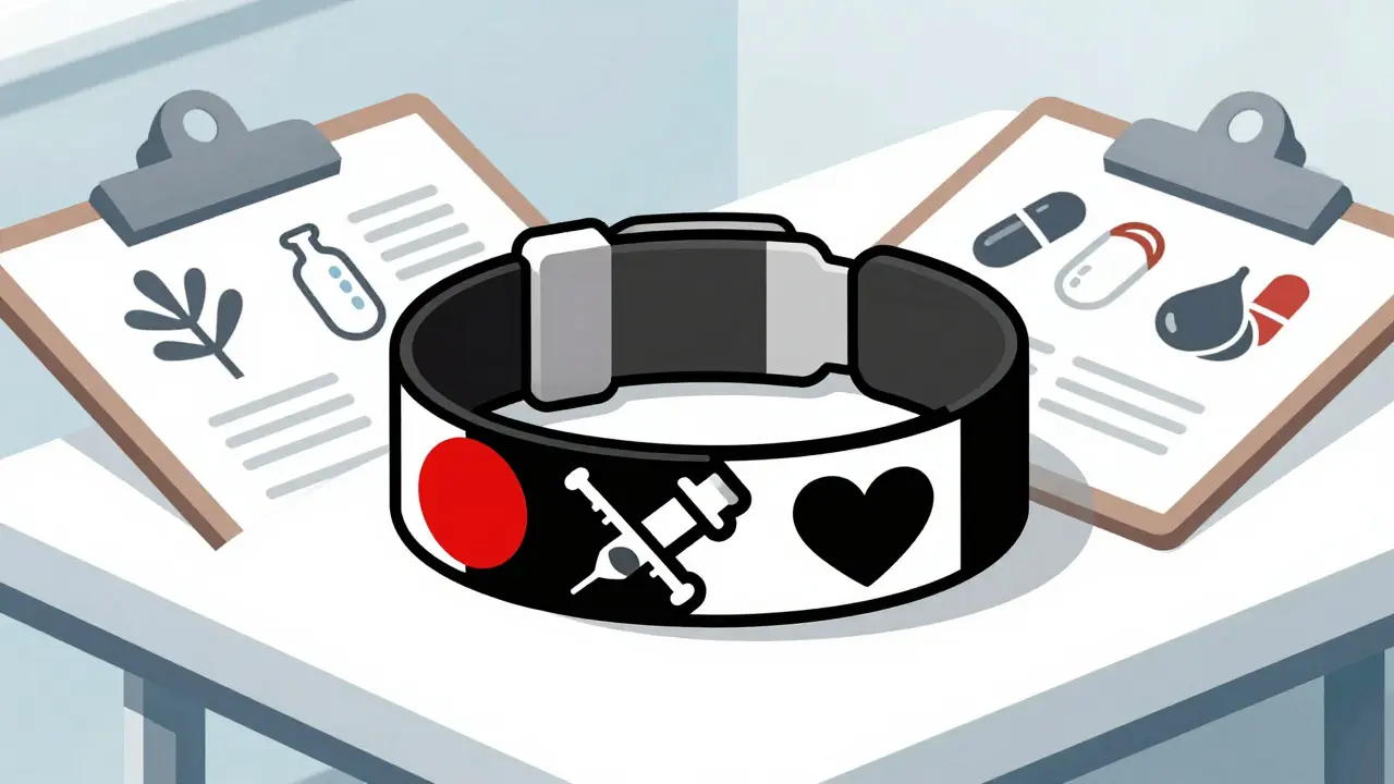 Medical alert bracelet with Bauhaus-style icons for drug allergies on a surgical table.