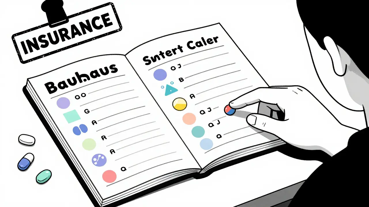 Medication logbook with colorful pills arranged by shape and color, a parent's hand pointing to a changed pill.