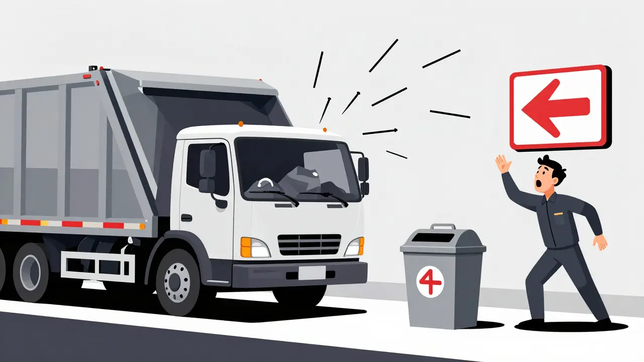 Needles flying from compacted trash as a worker reacts in danger.