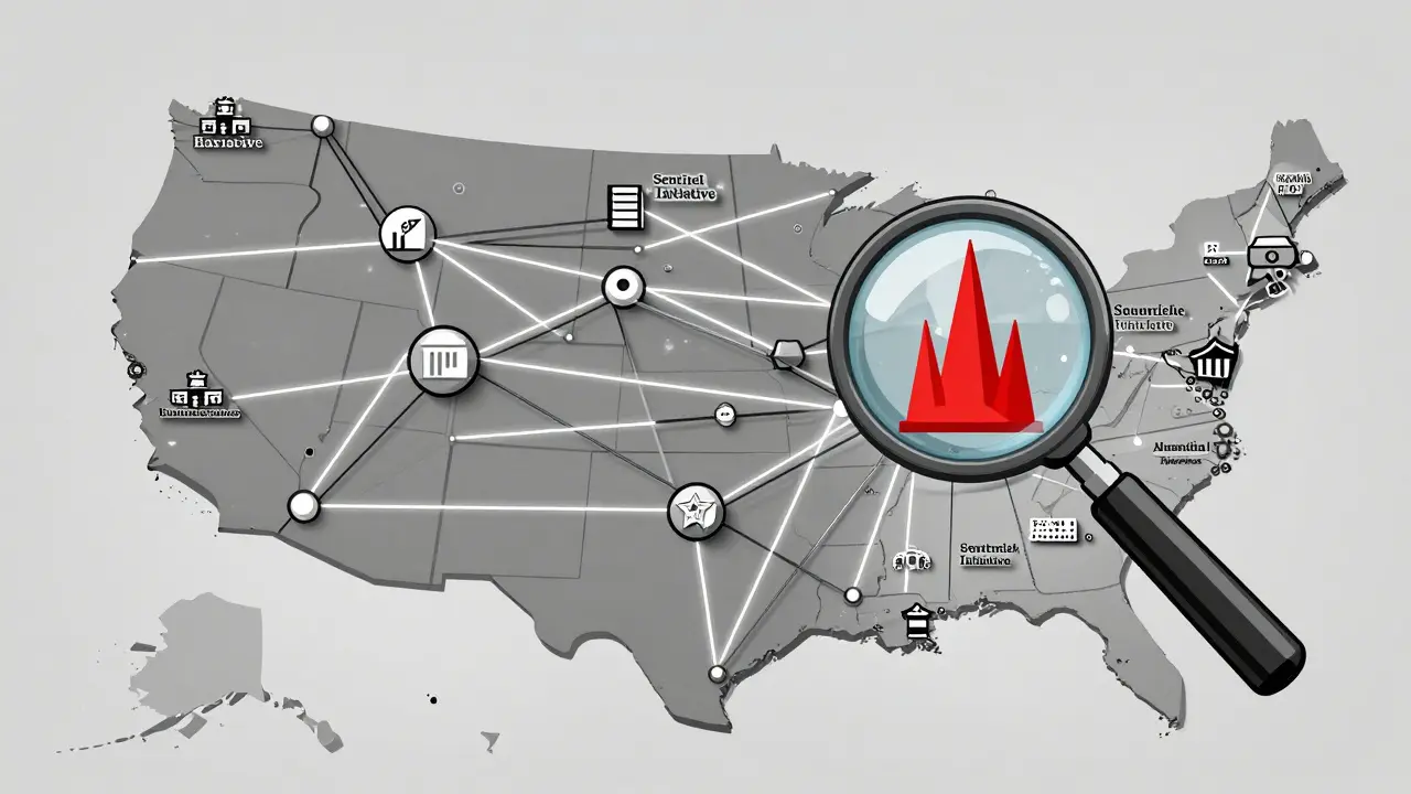 Network of connected nodes and lines tracing health data across a simplified U.S. map with a red alert spike.