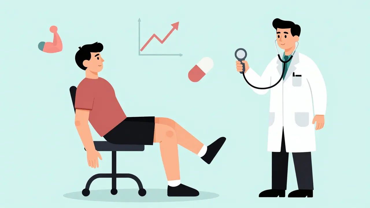 Patient doing chair stand test with clinician using dynamometer in minimalist clinic setting.