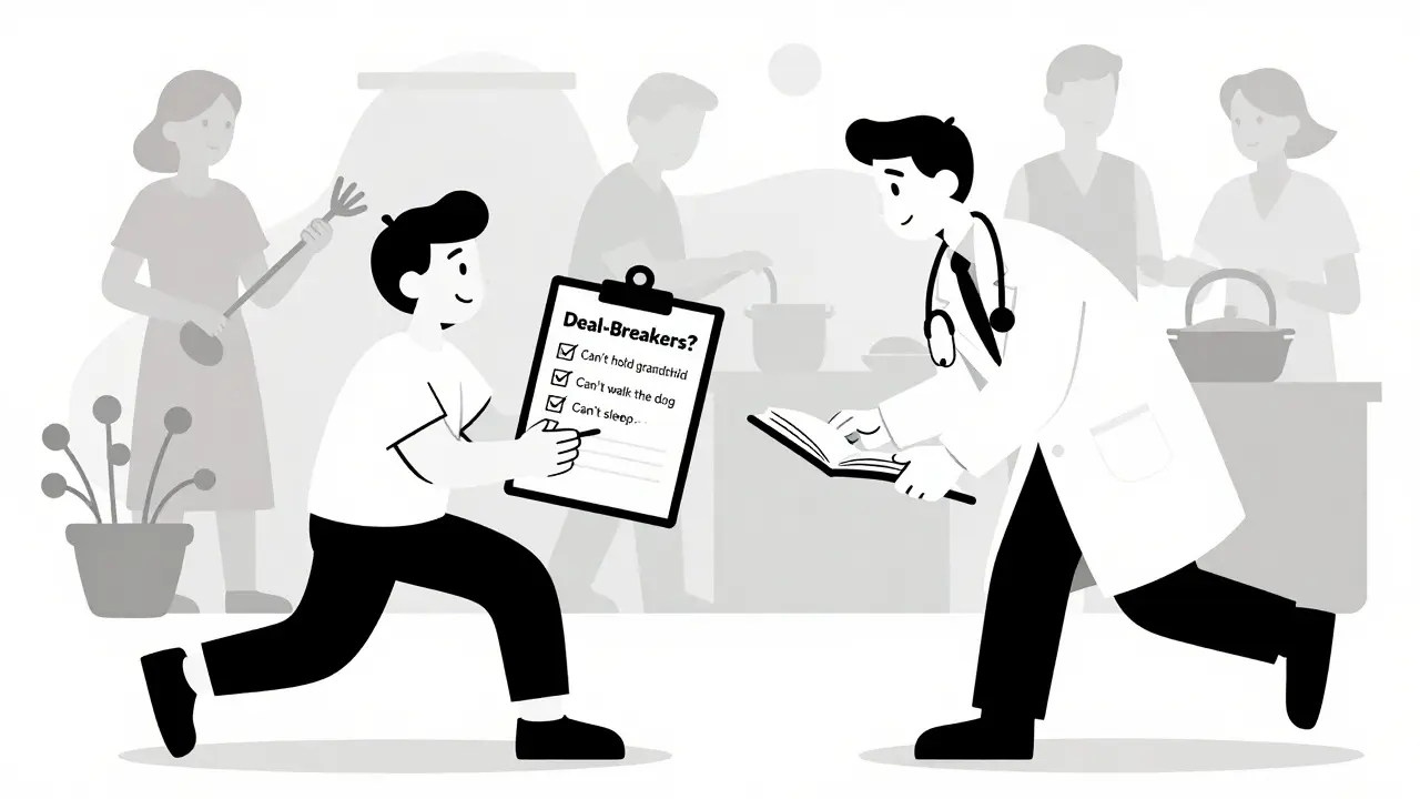 Patient lists personal deal-breakers on a clipboard while doctor listens, with life activities softly visible in the background.