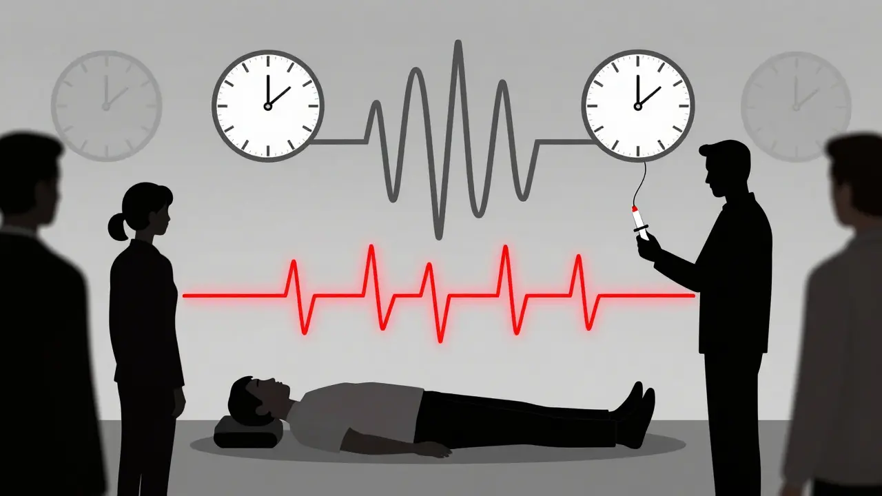 Patient lying flat with elevated legs, floating clocks and waves represent biphasic reaction, second injector ready.