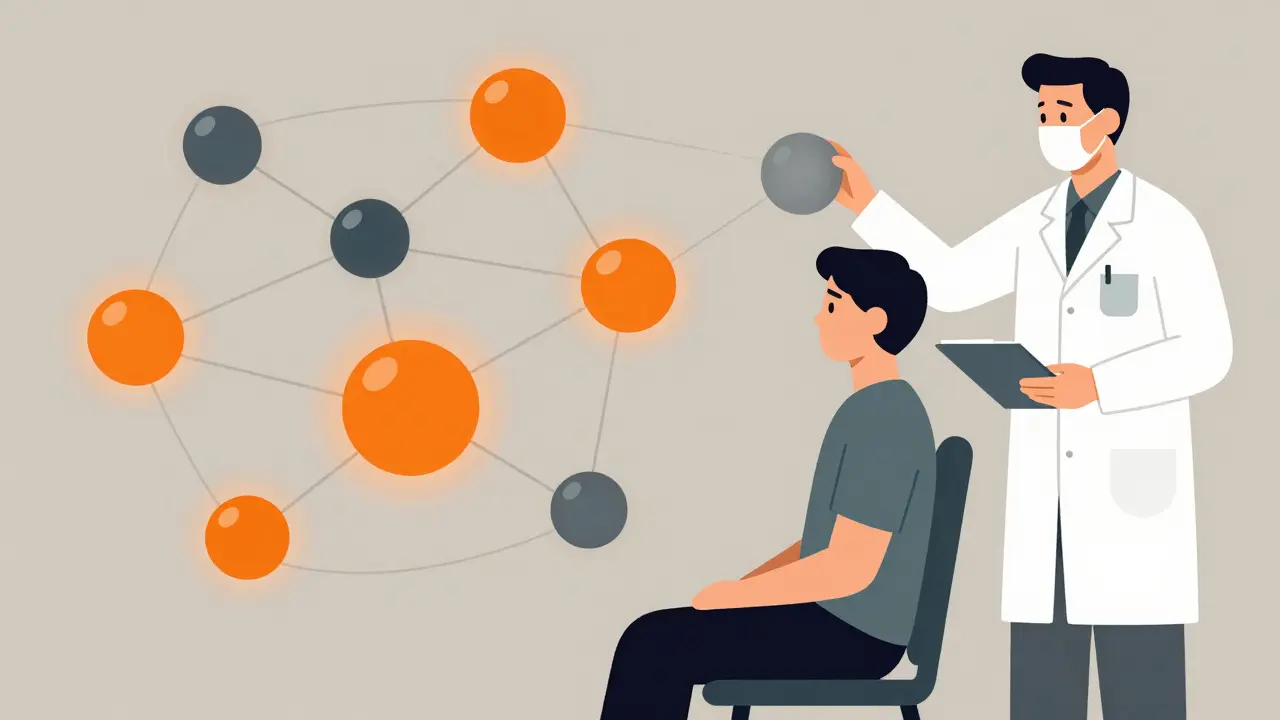 Patient surrounded by glowing medication spheres, one replaced by a dull generic, causing the network to flicker.