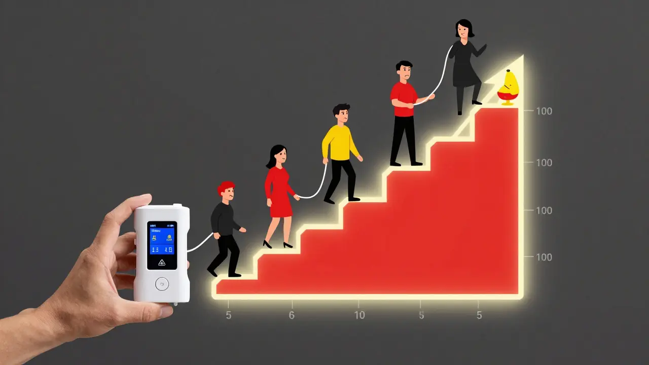 Person holding travel CPAP with floating data graph rising as smiley faces appear.