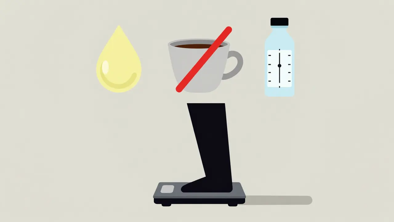 Person weighing themselves with icons representing hydration, coffee, and urine in Bauhaus design.