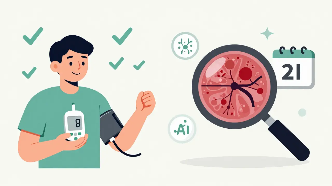 Person with healthy vitals and digital retinal screening with 2-year interval calendar.