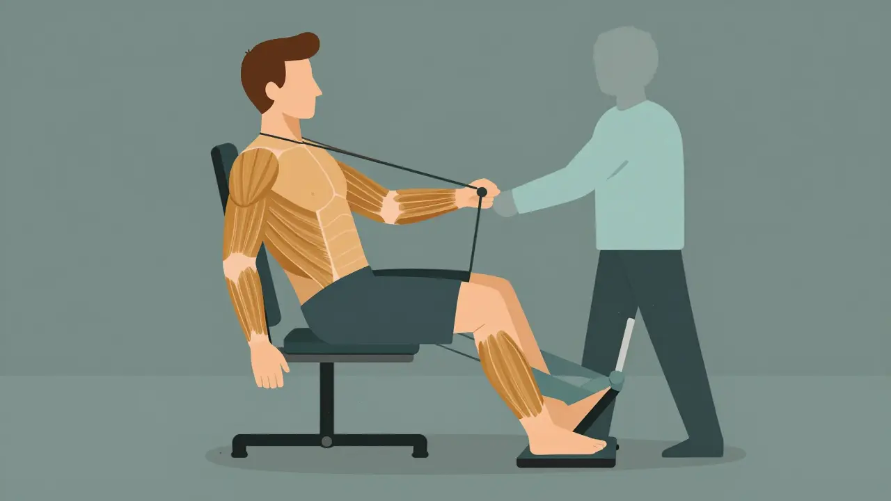Physical therapist guiding patient through resistance band leg press with geometric muscle rebuild visuals.