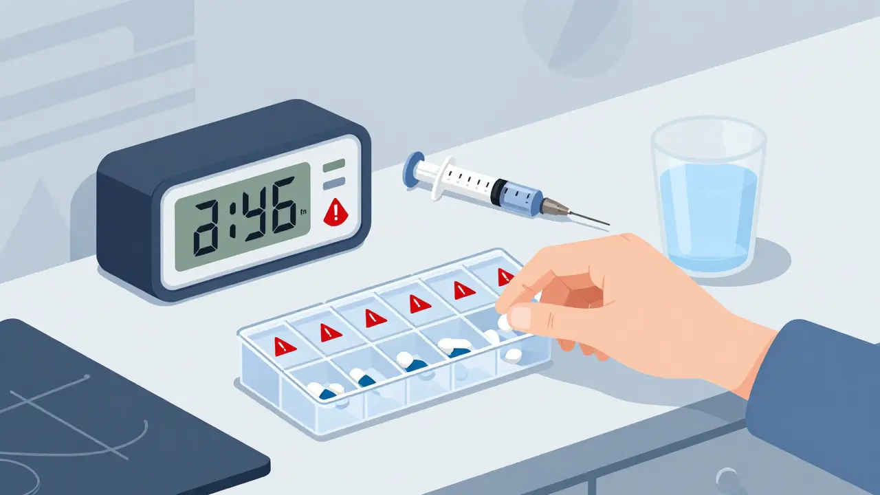 Pill organizer and syringe on clean counter with alarm clock, representing medication routine