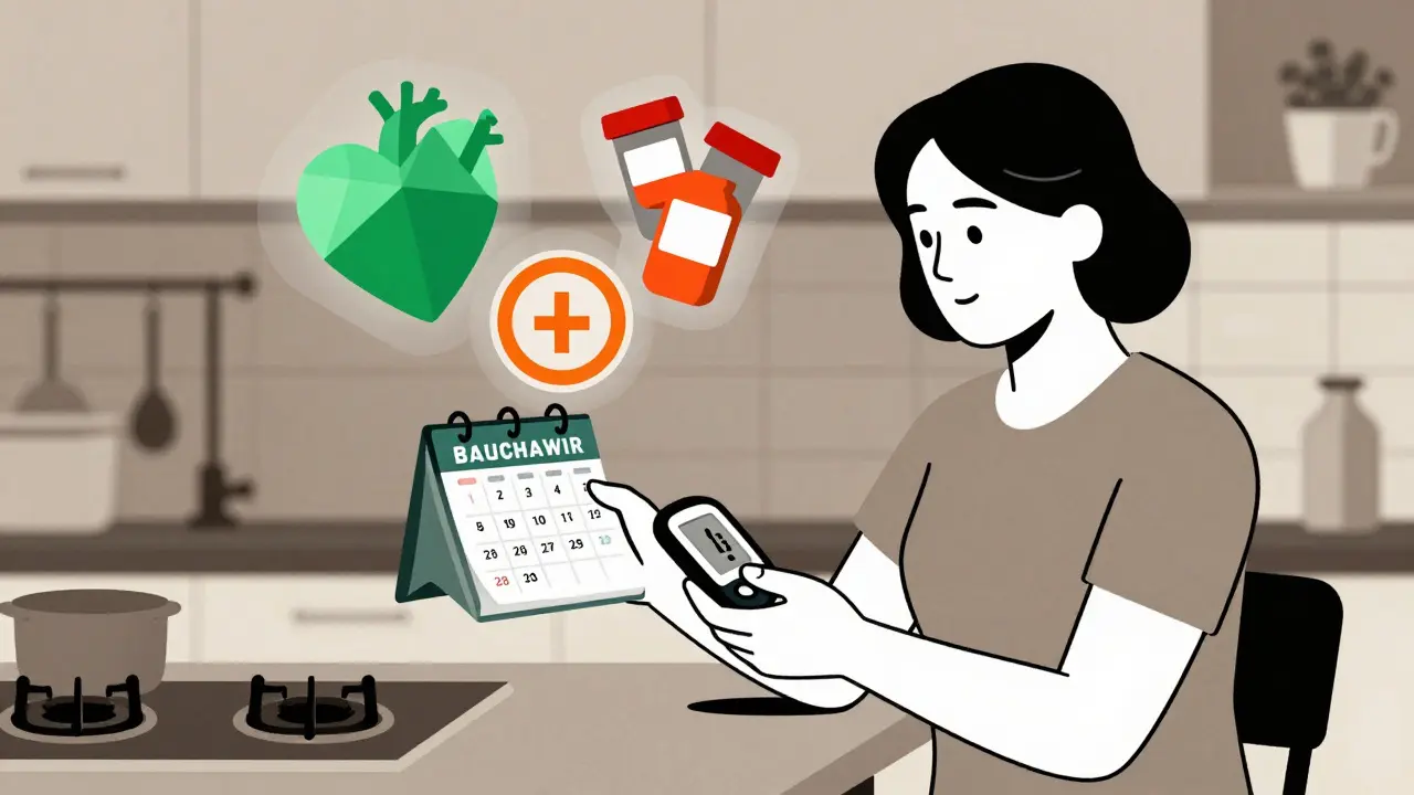 Post-menopausal woman checking blood sugar with medical icons floating above her.