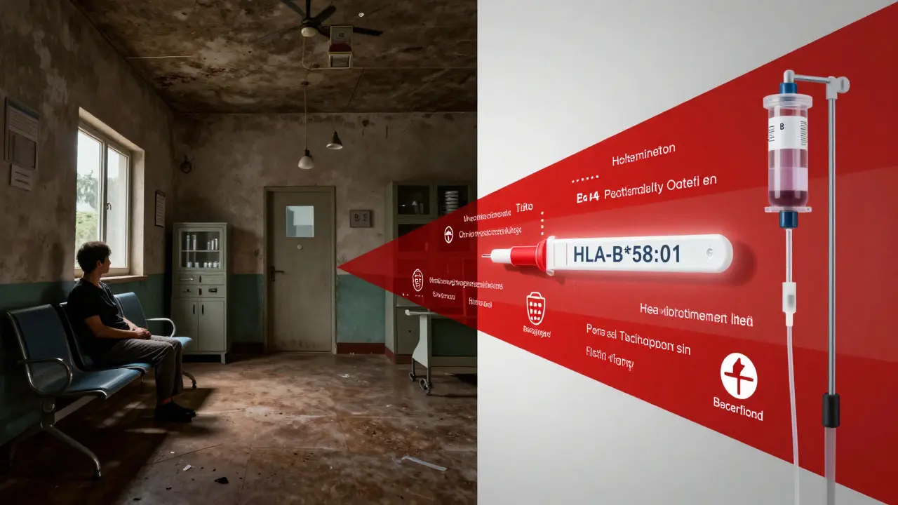 Split scene contrasting rural and urban DRESS care with HLA test and registry icons.