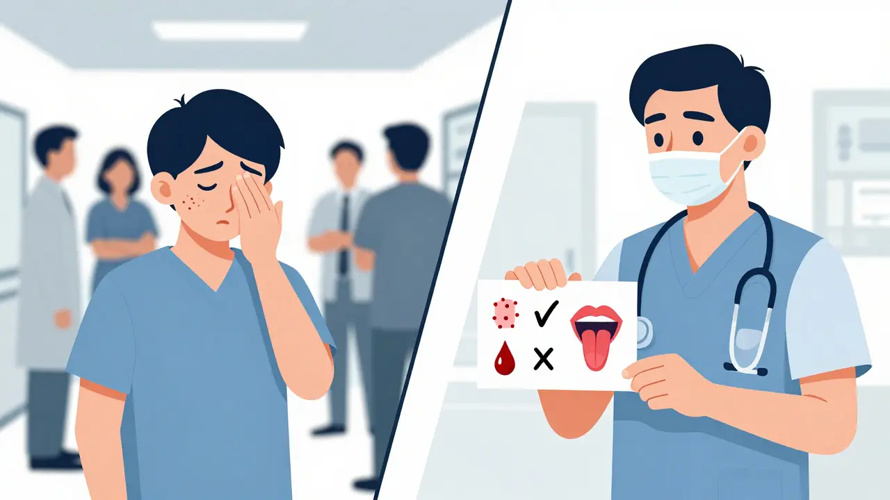 Split scene showing patient confidently sharing allergy history with medical staff.