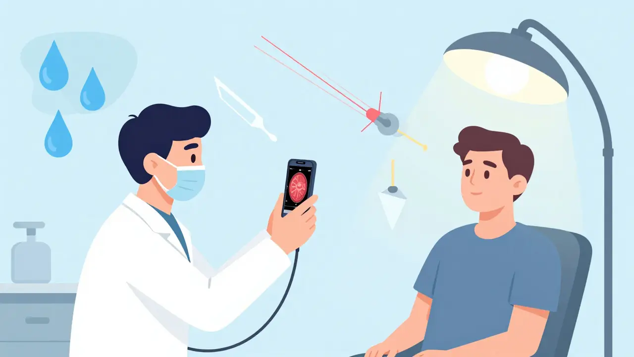 Technician using smartphone to capture retinal image with abstract treatment symbols.