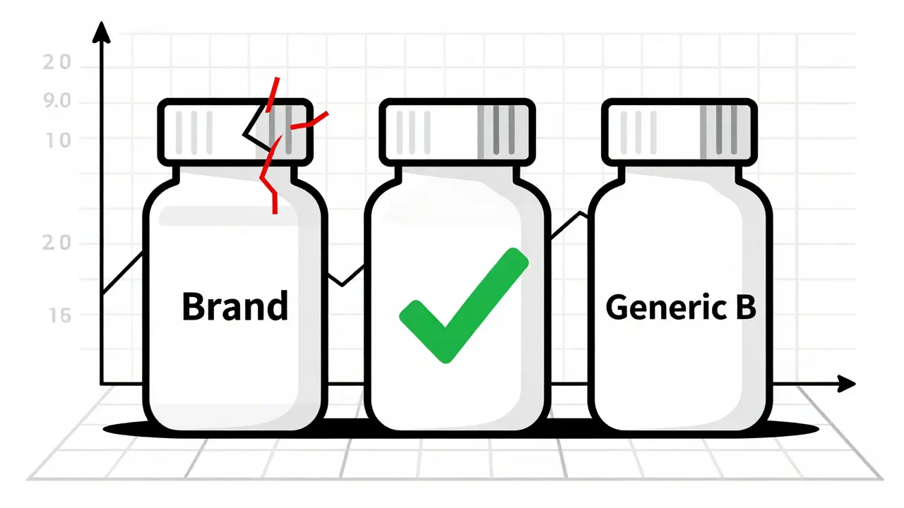 Three pill bottles with subtle differences, shown against a grid of blood test graphs.