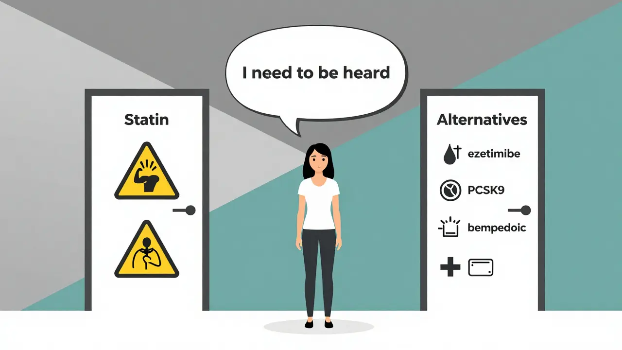 Woman choosing between statin and alternative treatments with symbolic doors.