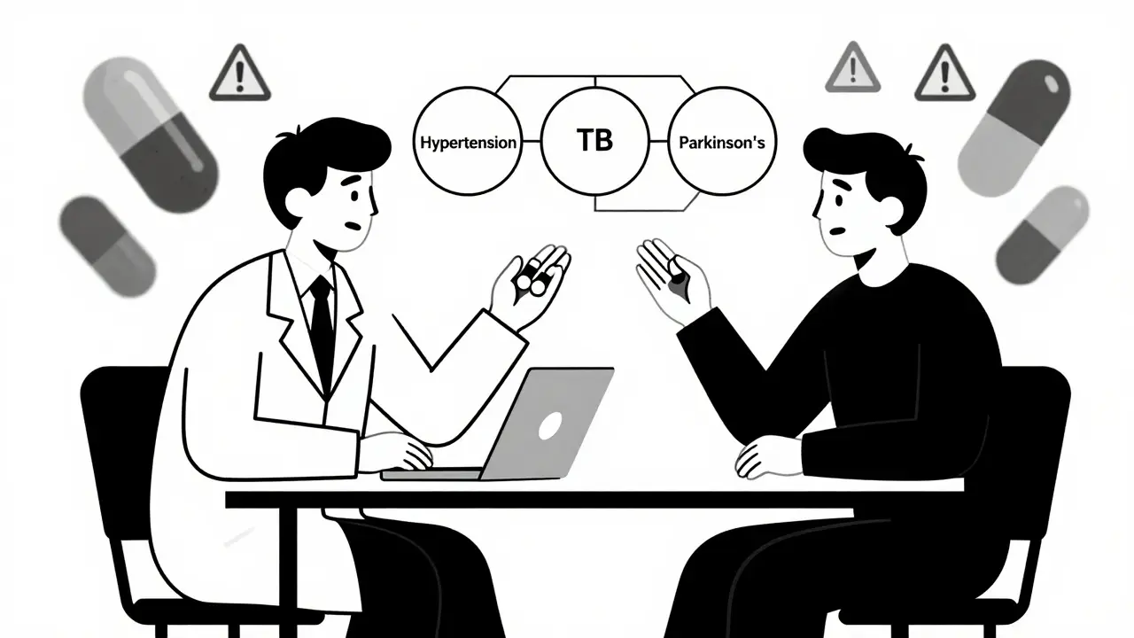 A doctor explains a combination pill to a patient using a geometric flowchart.