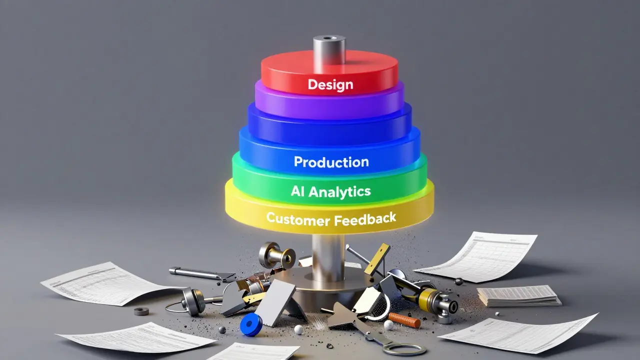 A flawless part rising through integrated quality layers as old tools dissolve into dust.